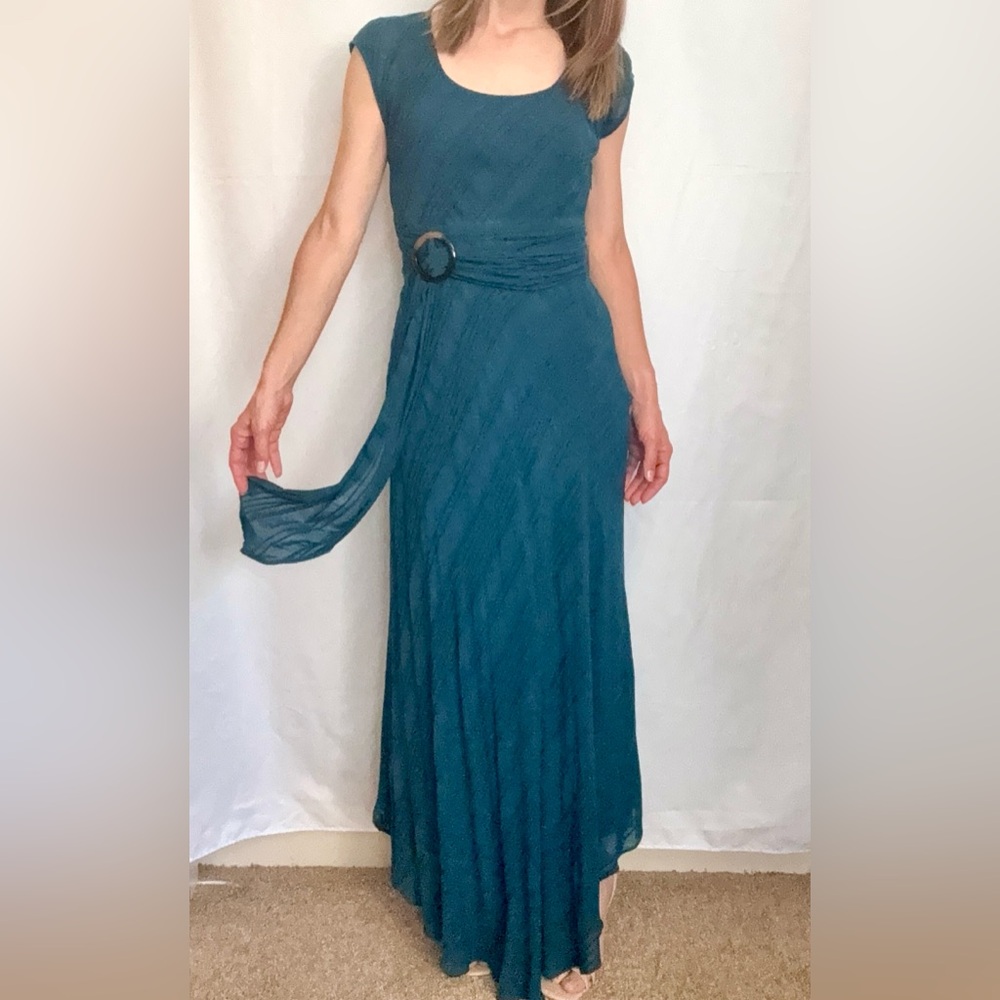Moulinette Soeurs for Anthropologie Dark Teal Textures Maxi Dress with Belt